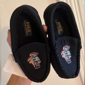 Toddler 8c Polo Ralph Lauren Black Loafer Slippers with Bear Embroidery
